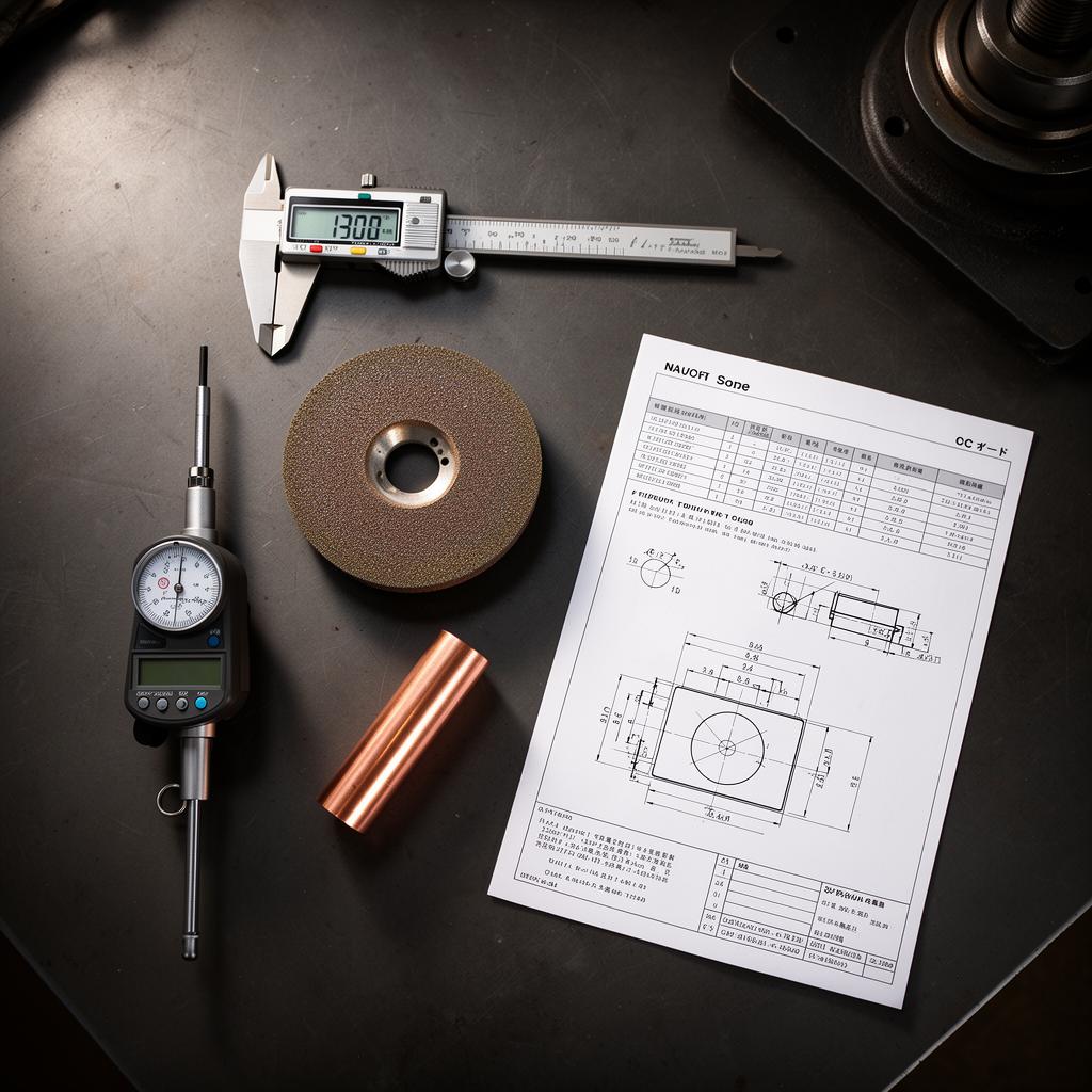 QC bench with digital caliper, dial indicator, vitrified grinding wheel, copper test coupon and a printed spec sheet