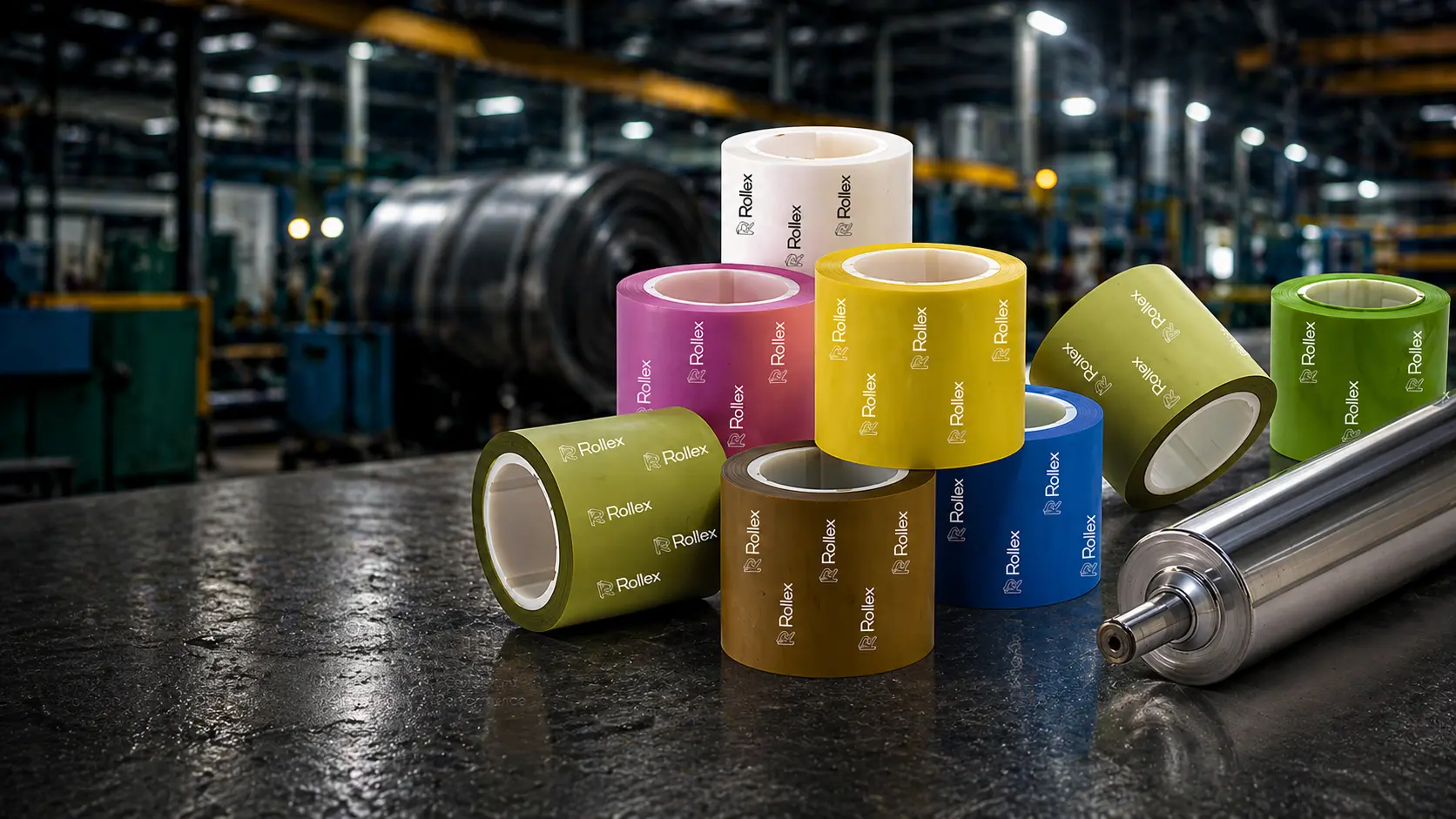 Stack of colorful Rollex polishing films in an industrial roller plant