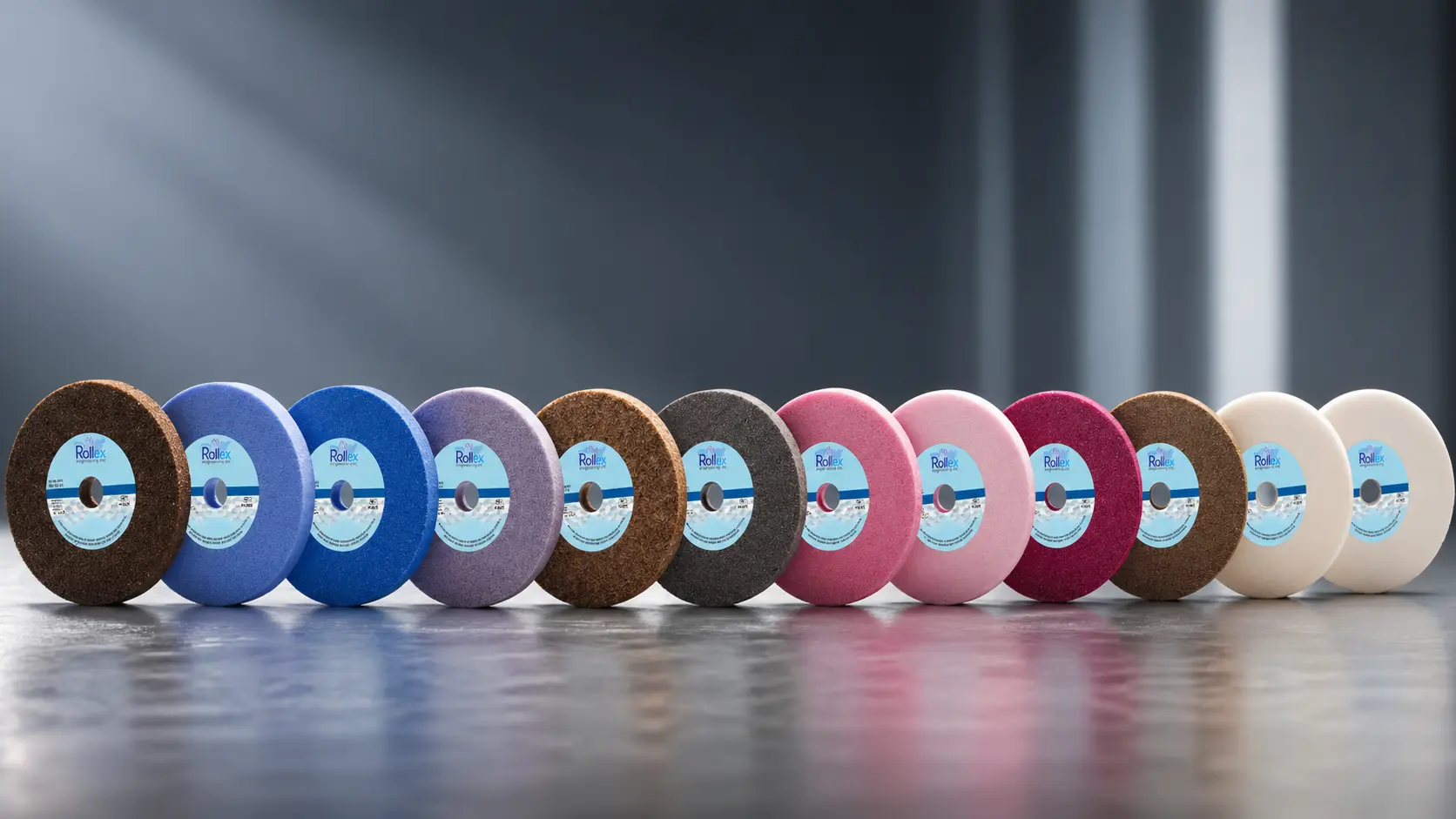 Lineup of Rollex grinding and polishing wheels in multiple grades and colors