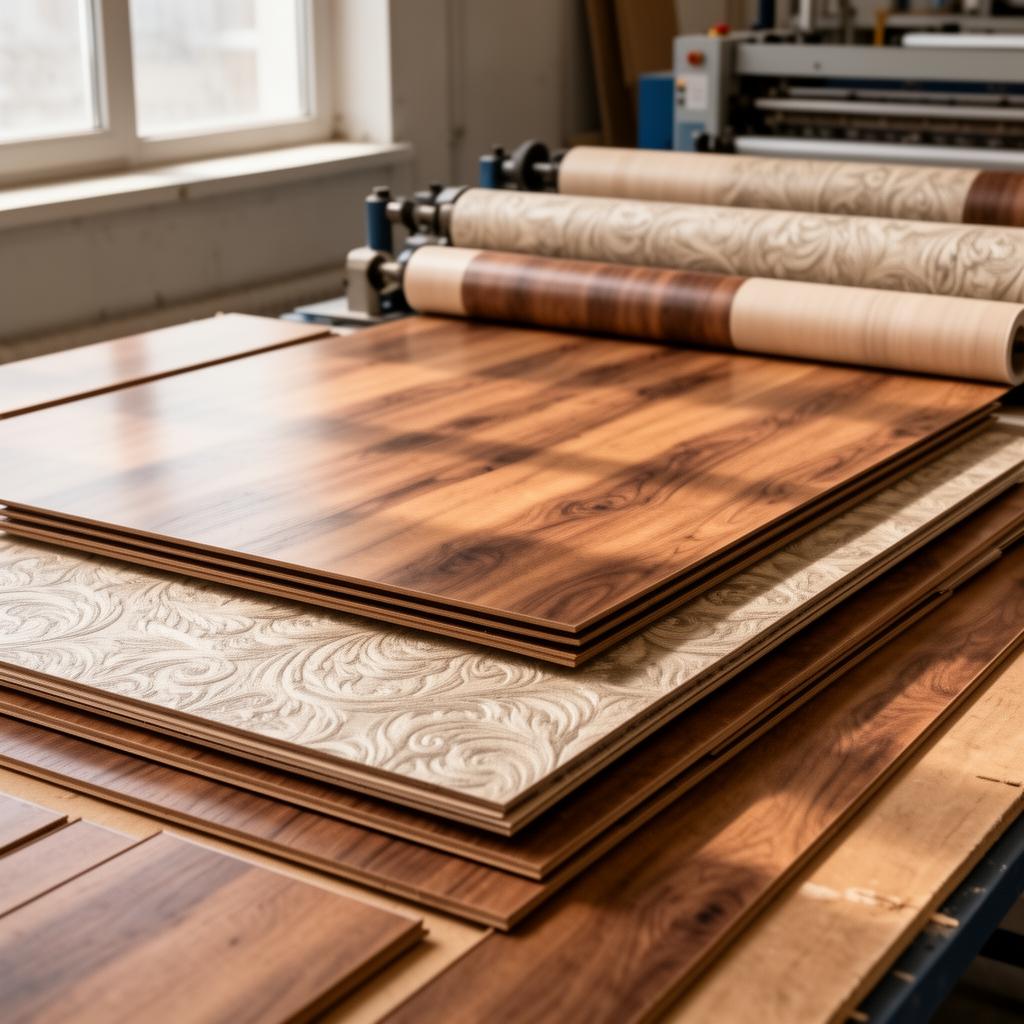 Stacked decorative wood-grain laminate panels and patterned wallpaper rolls in a finishing facility