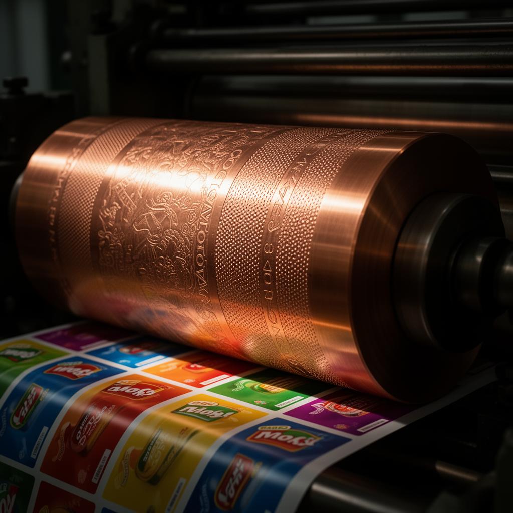 Engraved copper rotogravure cylinder printing colorful flexible packaging film