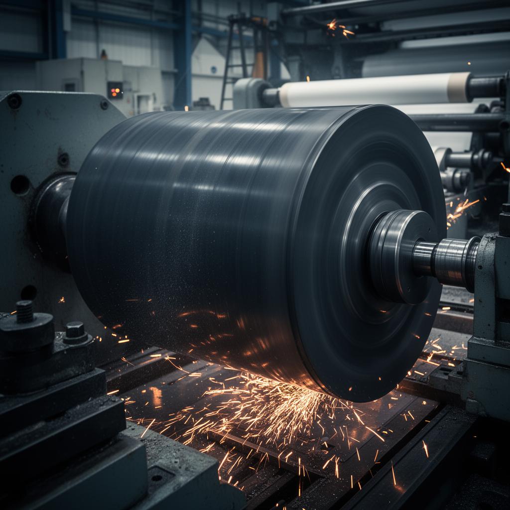Large industrial rubber roller being precision-ground on a roll grinding machine with sparks