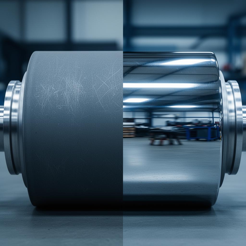 Side-by-side comparison of an industrial roller — matte ground surface on the left, mirror-polished finish on the right reflecting the workshop